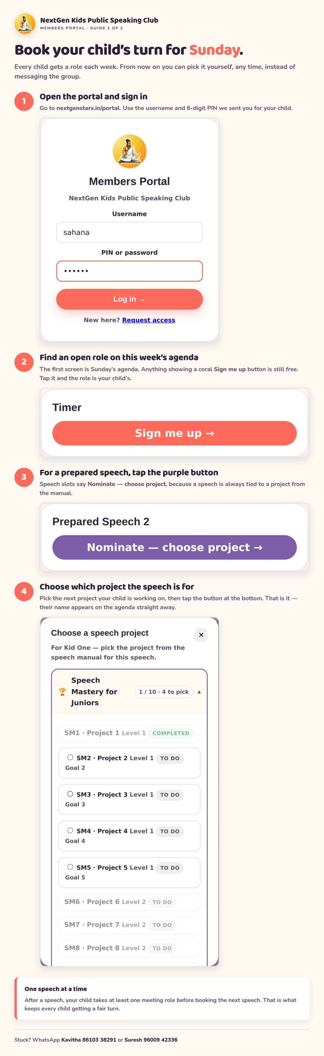 Step by step: signing in, finding an open role, nominating for a prepared speech, and choosing the project